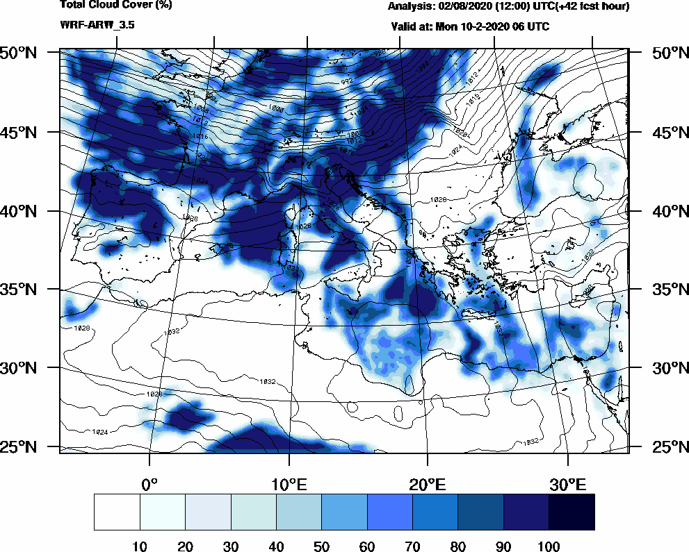 Total cloud cover (%) - 2020-02-10 00:00