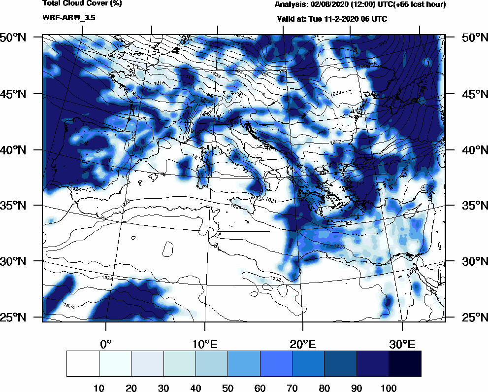 Total cloud cover (%) - 2020-02-11 00:00