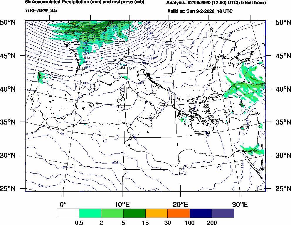 6h Accumulated Precipitation (mm) and msl press (mb) - 2020-02-09 12:00