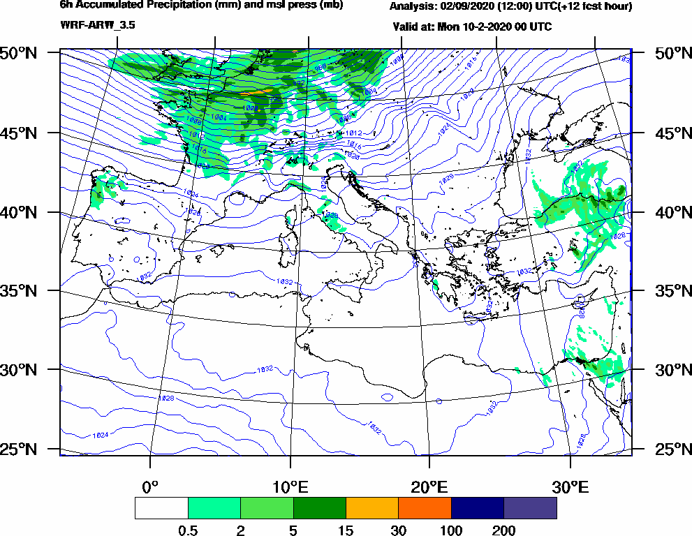 6h Accumulated Precipitation (mm) and msl press (mb) - 2020-02-09 18:00