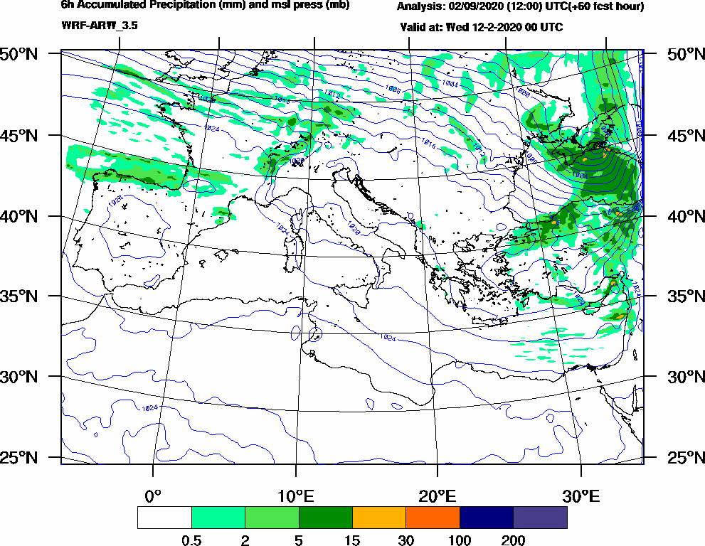 6h Accumulated Precipitation (mm) and msl press (mb) - 2020-02-11 18:00