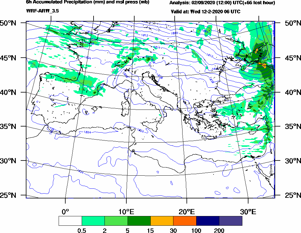 6h Accumulated Precipitation (mm) and msl press (mb) - 2020-02-12 00:00
