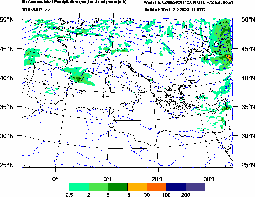 6h Accumulated Precipitation (mm) and msl press (mb) - 2020-02-12 06:00