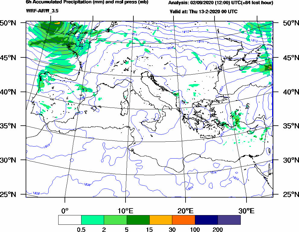 6h Accumulated Precipitation (mm) and msl press (mb) - 2020-02-12 18:00