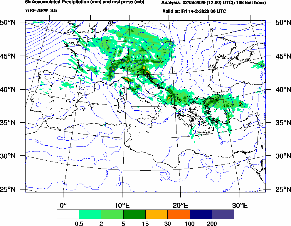 6h Accumulated Precipitation (mm) and msl press (mb) - 2020-02-13 18:00