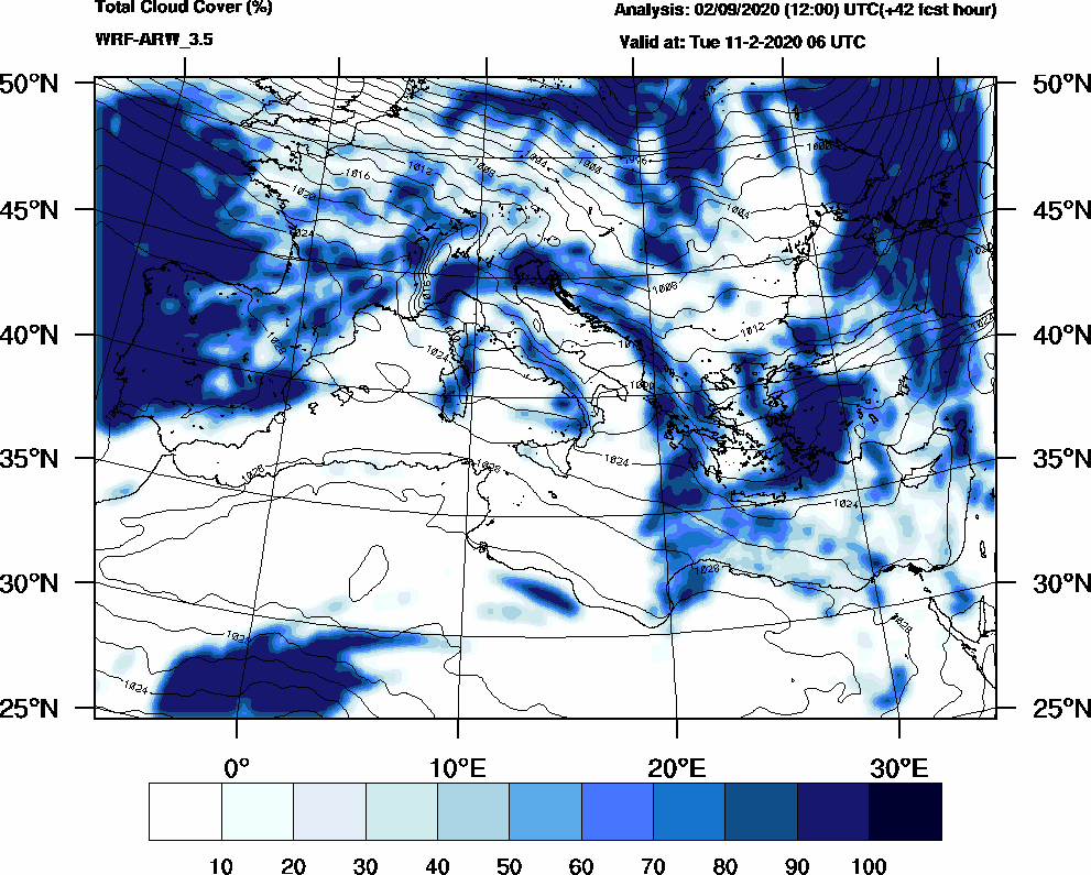 Total cloud cover (%) - 2020-02-11 00:00