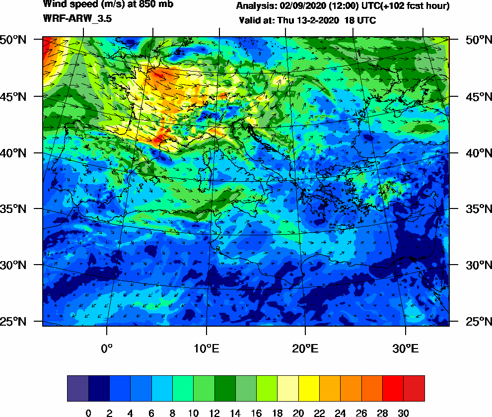 Wind speed (m/s) at 850 mb - 2020-02-13 18:00