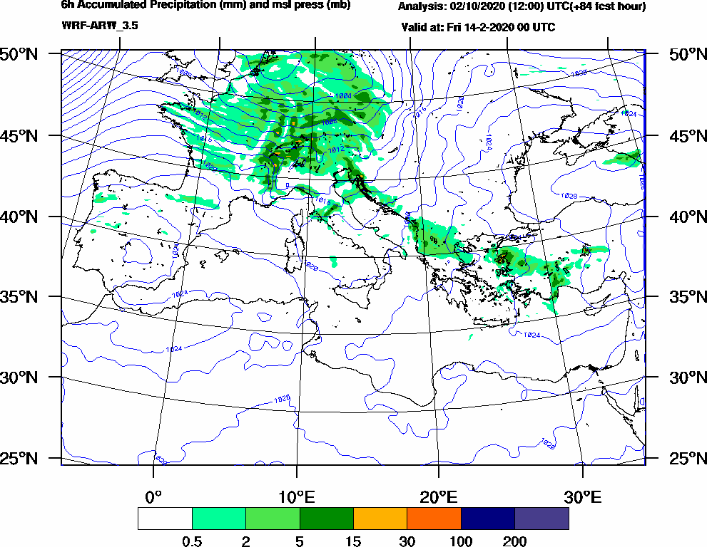 6h Accumulated Precipitation (mm) and msl press (mb) - 2020-02-13 18:00