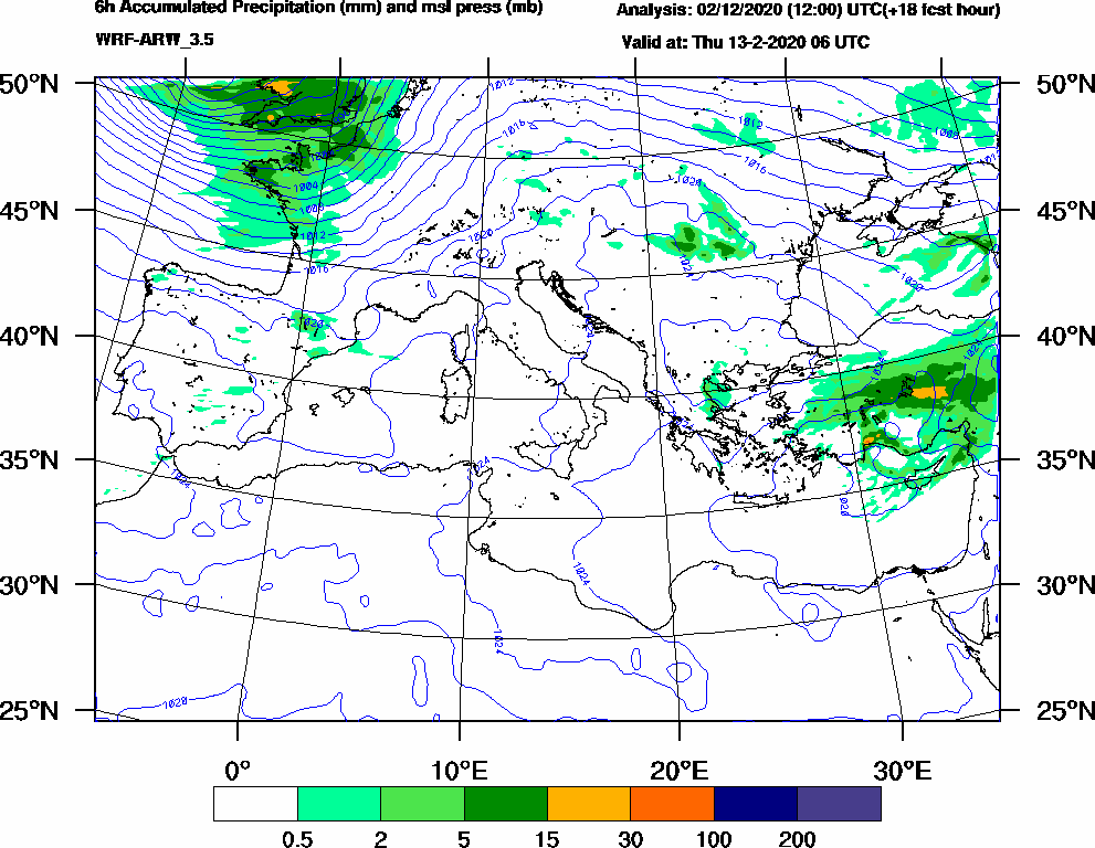 6h Accumulated Precipitation (mm) and msl press (mb) - 2020-02-13 00:00