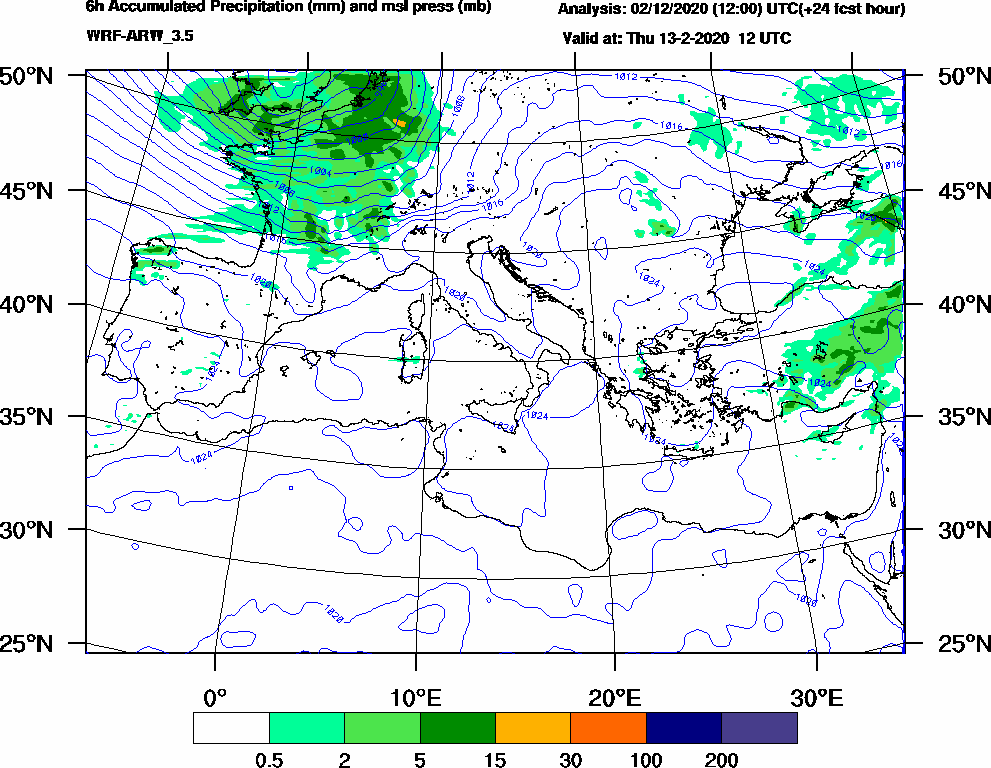 6h Accumulated Precipitation (mm) and msl press (mb) - 2020-02-13 06:00