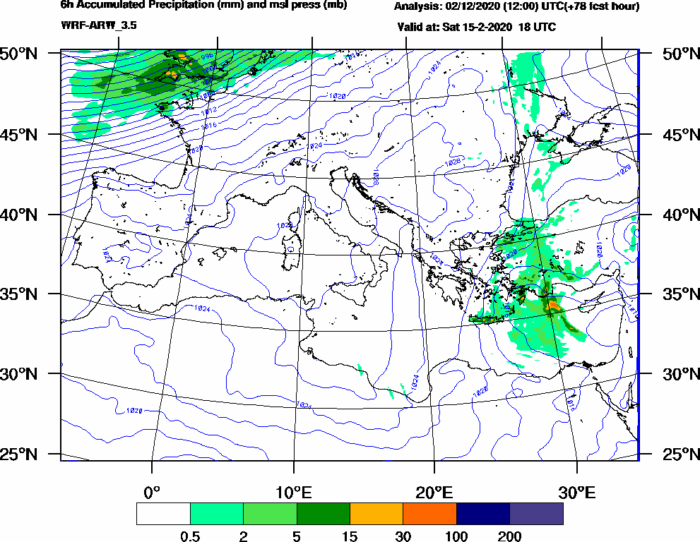 6h Accumulated Precipitation (mm) and msl press (mb) - 2020-02-15 12:00