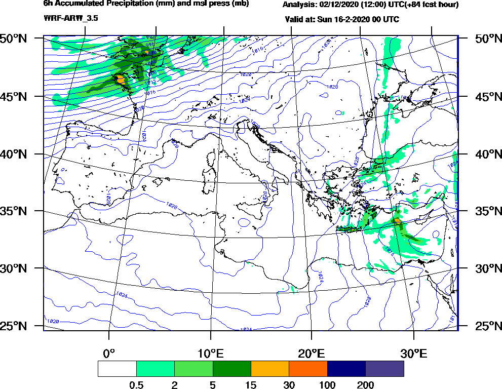 6h Accumulated Precipitation (mm) and msl press (mb) - 2020-02-15 18:00