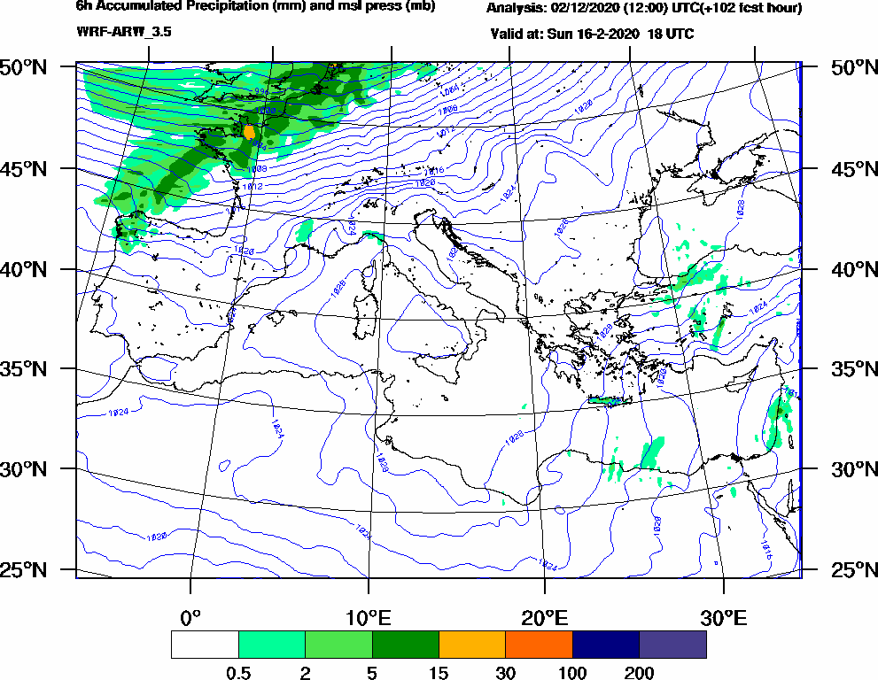 6h Accumulated Precipitation (mm) and msl press (mb) - 2020-02-16 12:00