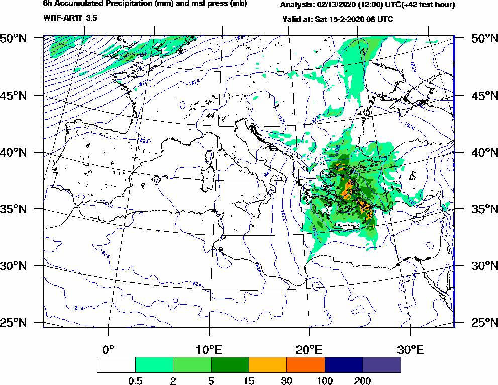 6h Accumulated Precipitation (mm) and msl press (mb) - 2020-02-15 00:00