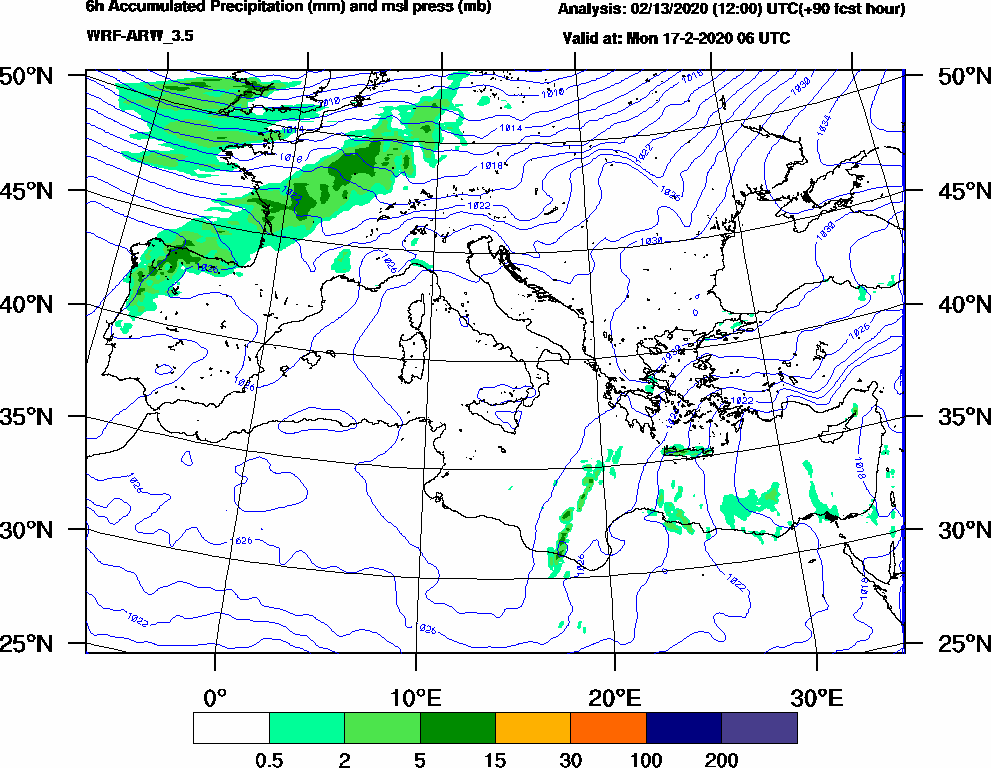 6h Accumulated Precipitation (mm) and msl press (mb) - 2020-02-17 00:00