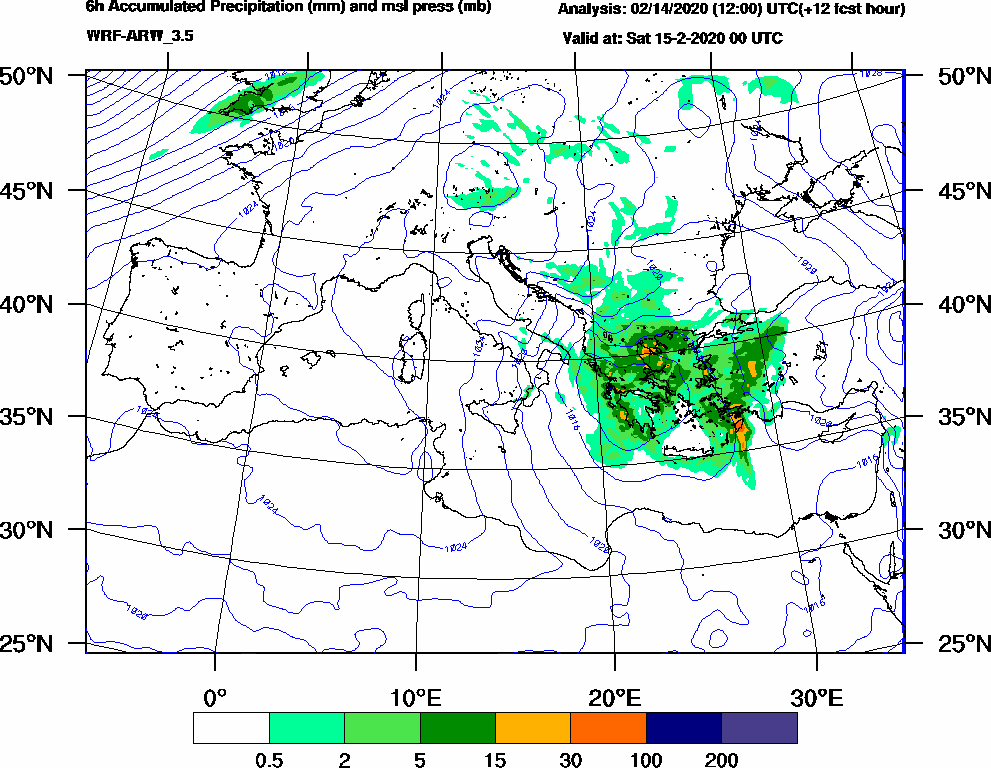 6h Accumulated Precipitation (mm) and msl press (mb) - 2020-02-14 18:00