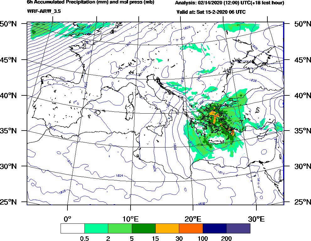 6h Accumulated Precipitation (mm) and msl press (mb) - 2020-02-15 00:00