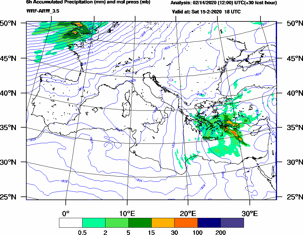 6h Accumulated Precipitation (mm) and msl press (mb) - 2020-02-15 12:00