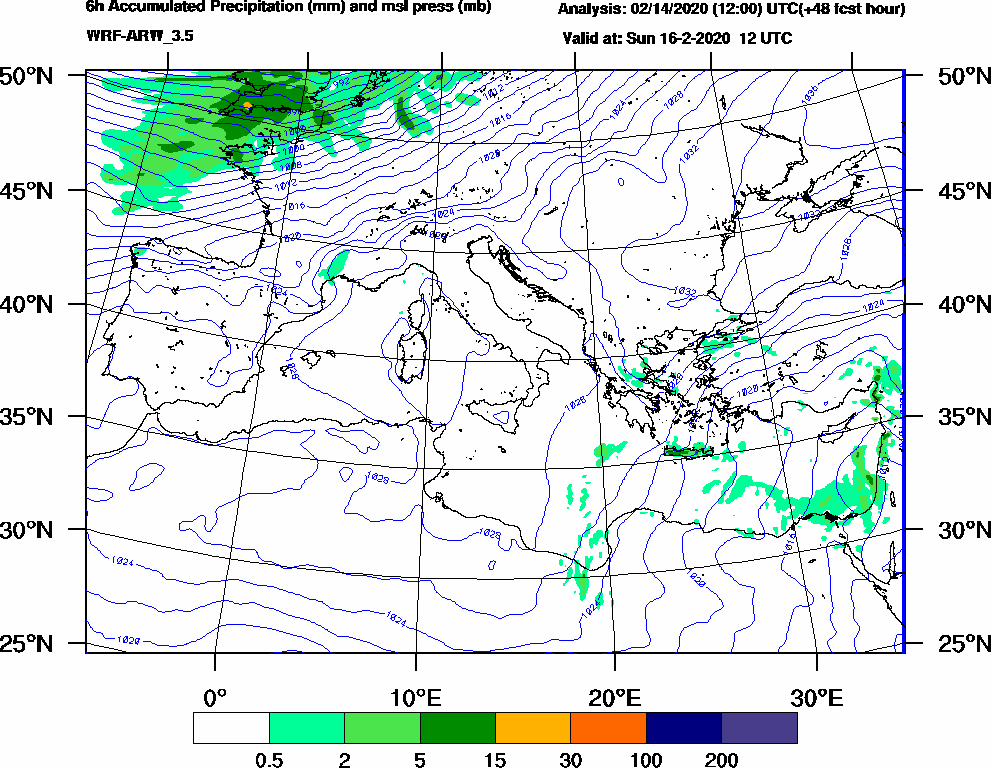 6h Accumulated Precipitation (mm) and msl press (mb) - 2020-02-16 06:00