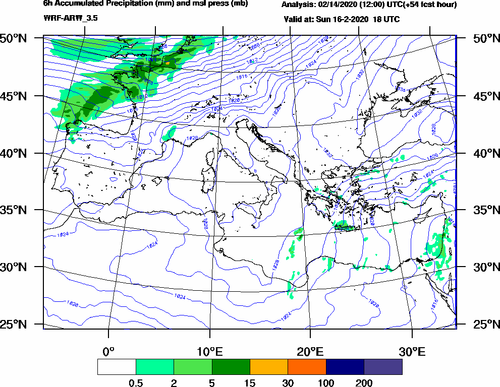 6h Accumulated Precipitation (mm) and msl press (mb) - 2020-02-16 12:00
