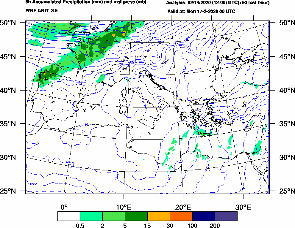 6h Accumulated Precipitation (mm) and msl press (mb) - 2020-02-16 18:00
