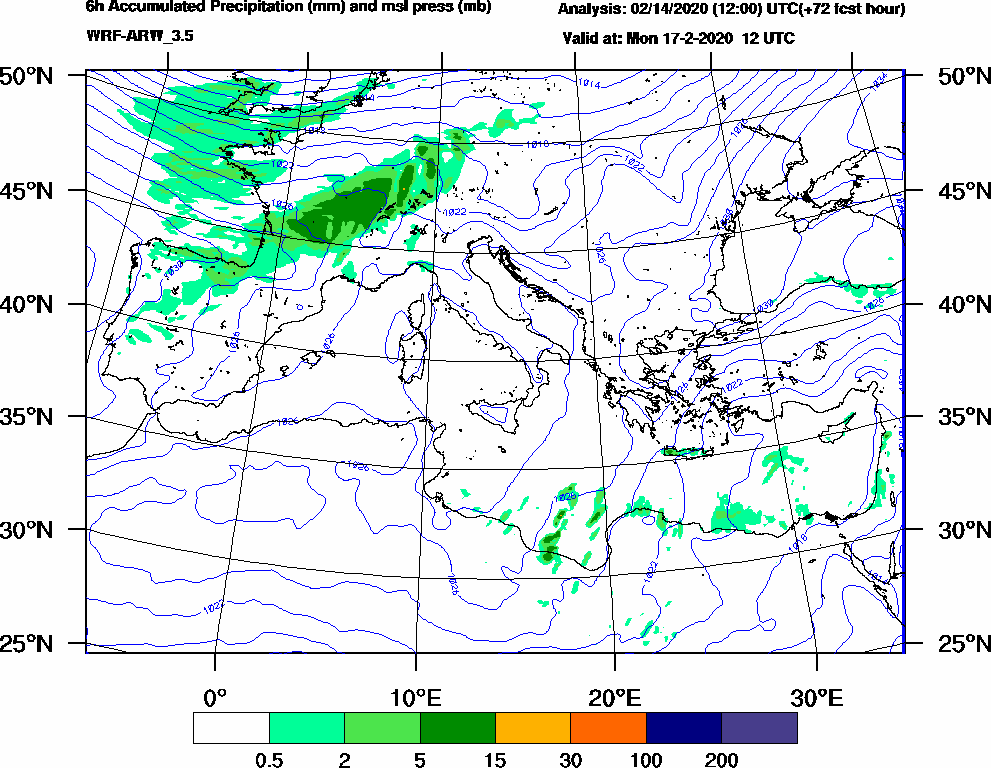 6h Accumulated Precipitation (mm) and msl press (mb) - 2020-02-17 06:00