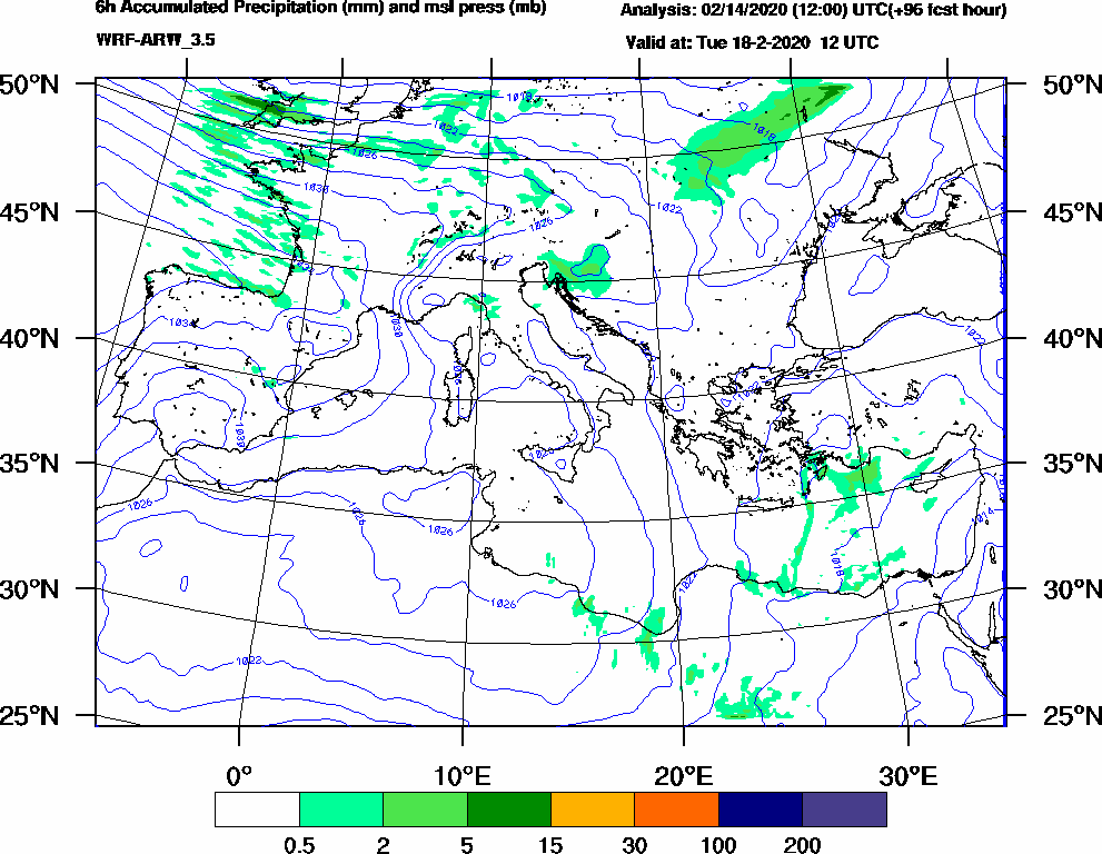 6h Accumulated Precipitation (mm) and msl press (mb) - 2020-02-18 06:00