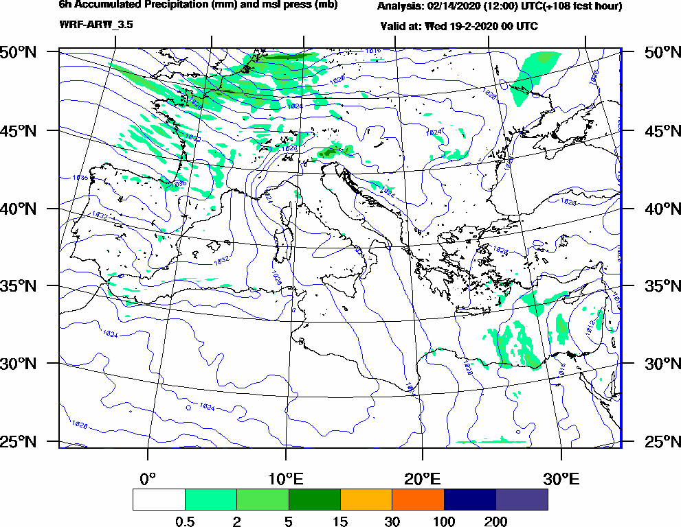 6h Accumulated Precipitation (mm) and msl press (mb) - 2020-02-18 18:00