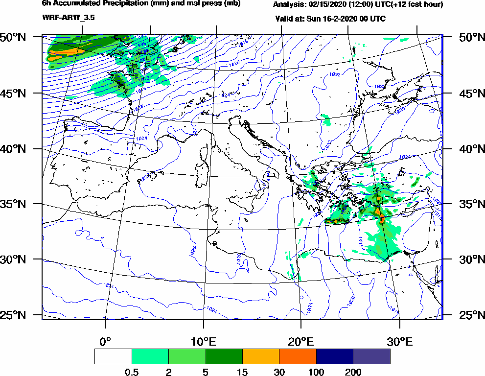 6h Accumulated Precipitation (mm) and msl press (mb) - 2020-02-15 18:00