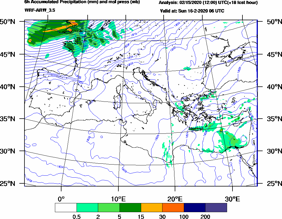 6h Accumulated Precipitation (mm) and msl press (mb) - 2020-02-16 00:00