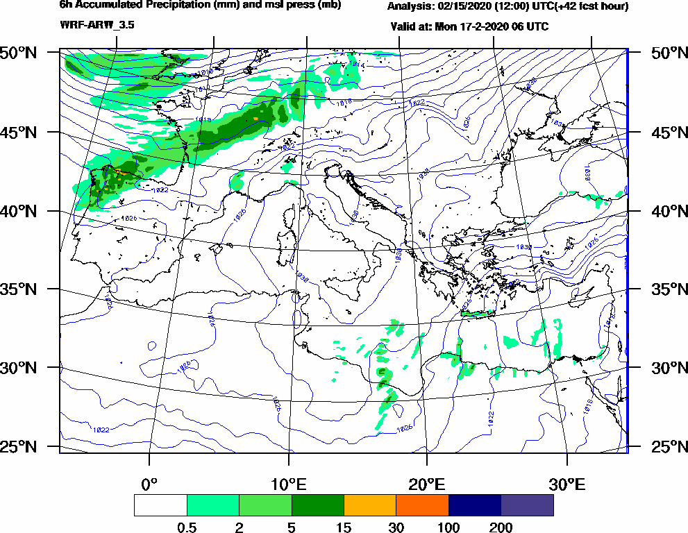 6h Accumulated Precipitation (mm) and msl press (mb) - 2020-02-17 00:00