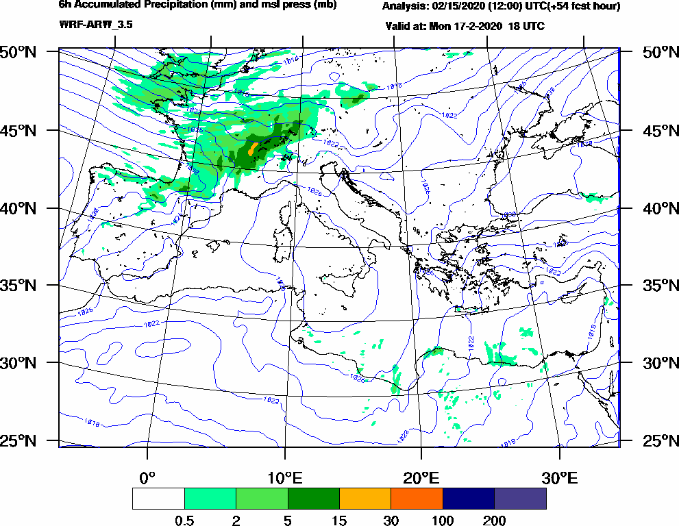 6h Accumulated Precipitation (mm) and msl press (mb) - 2020-02-17 12:00