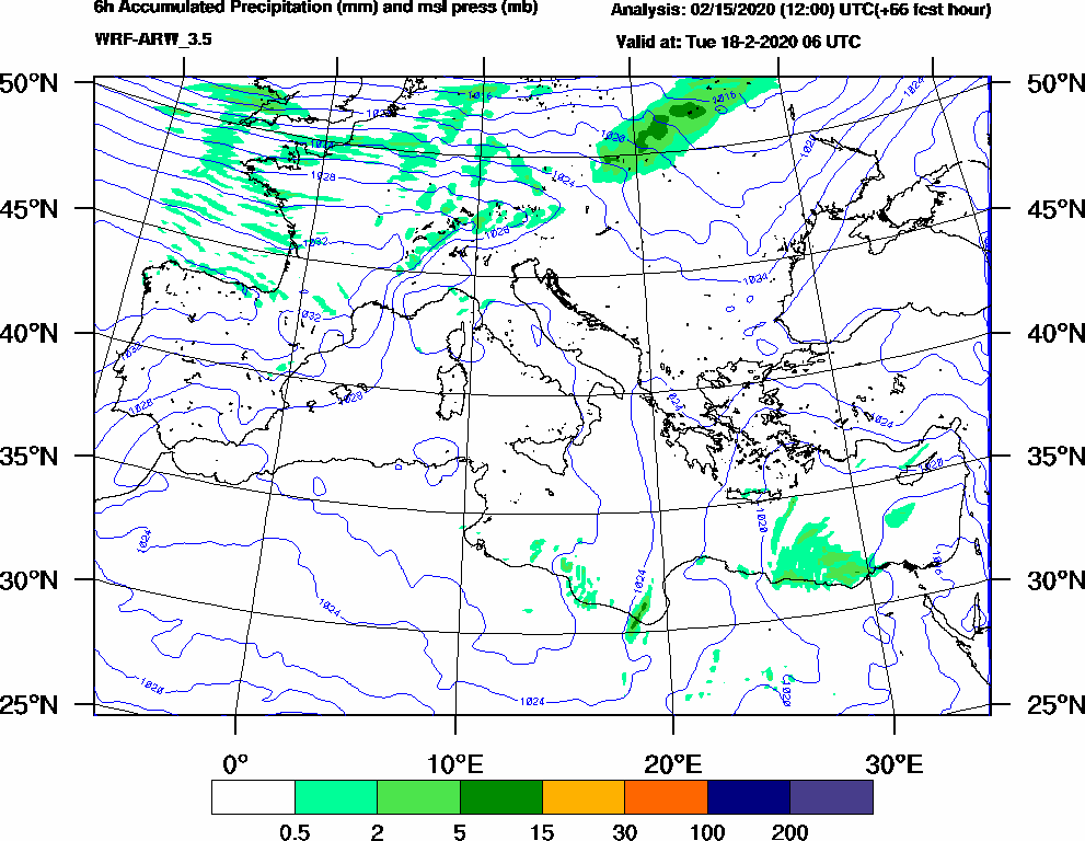 6h Accumulated Precipitation (mm) and msl press (mb) - 2020-02-18 00:00