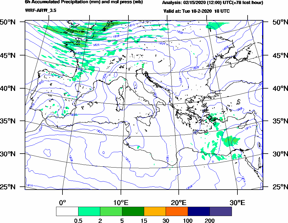 6h Accumulated Precipitation (mm) and msl press (mb) - 2020-02-18 12:00