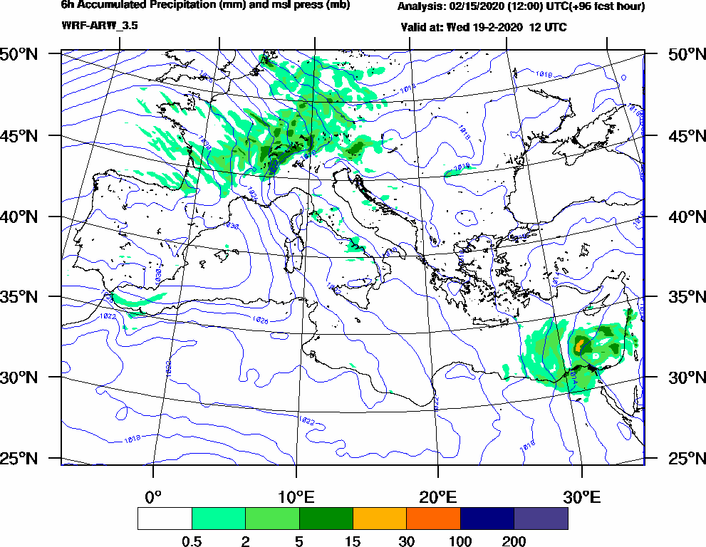 6h Accumulated Precipitation (mm) and msl press (mb) - 2020-02-19 06:00