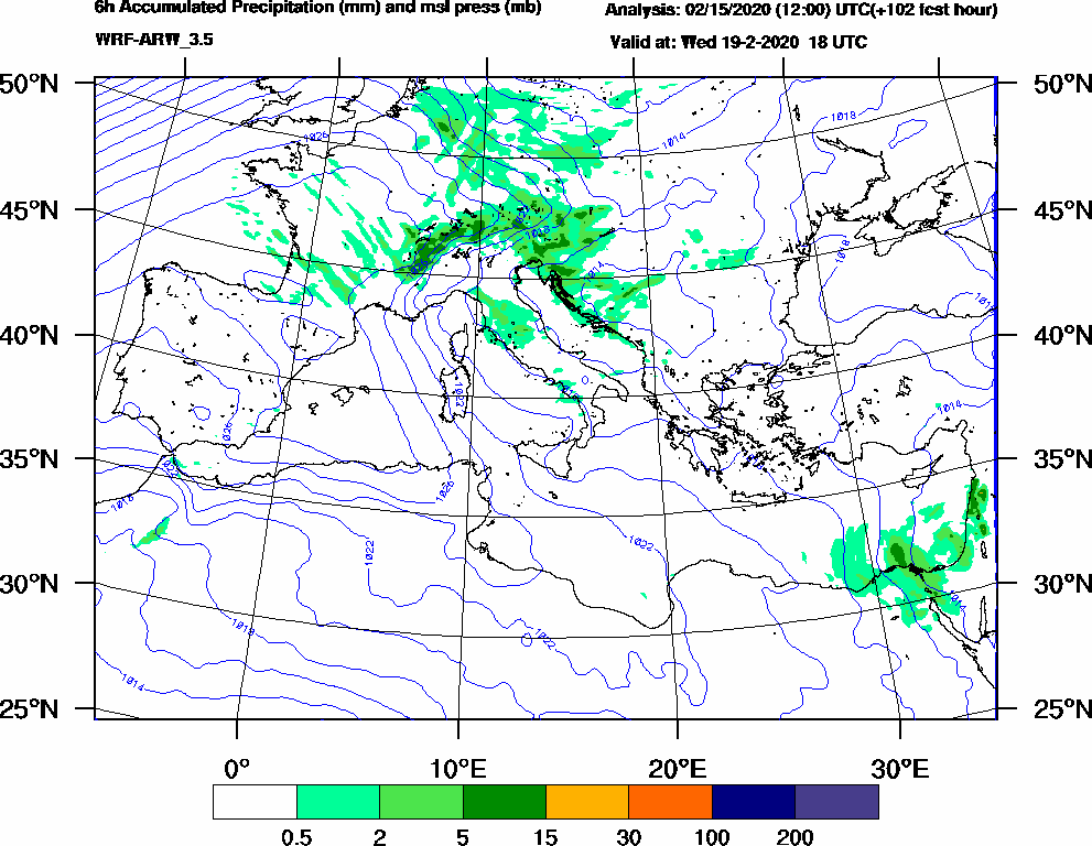 6h Accumulated Precipitation (mm) and msl press (mb) - 2020-02-19 12:00