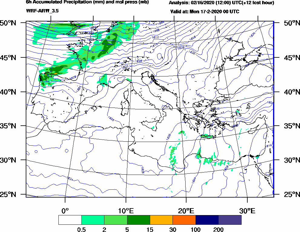 6h Accumulated Precipitation (mm) and msl press (mb) - 2020-02-16 18:00