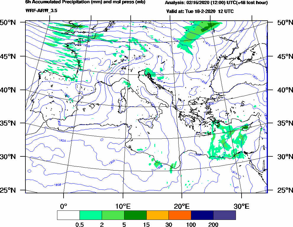 6h Accumulated Precipitation (mm) and msl press (mb) - 2020-02-18 06:00