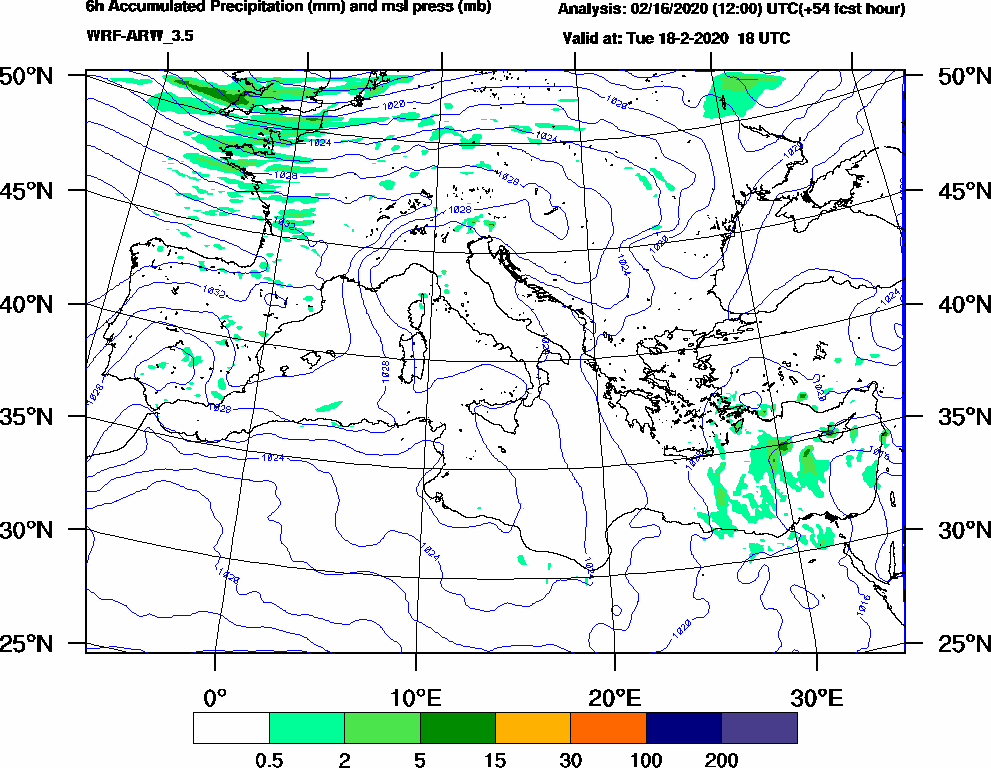 6h Accumulated Precipitation (mm) and msl press (mb) - 2020-02-18 12:00