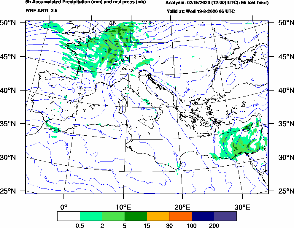 6h Accumulated Precipitation (mm) and msl press (mb) - 2020-02-19 00:00