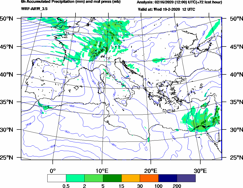 6h Accumulated Precipitation (mm) and msl press (mb) - 2020-02-19 06:00