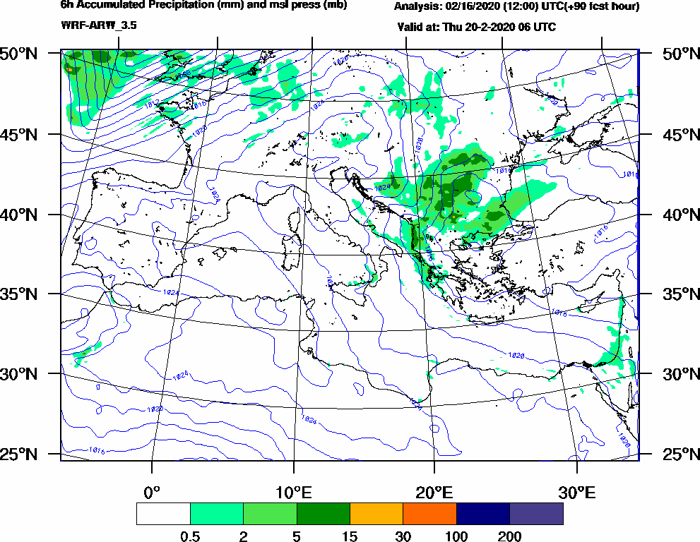 6h Accumulated Precipitation (mm) and msl press (mb) - 2020-02-20 00:00