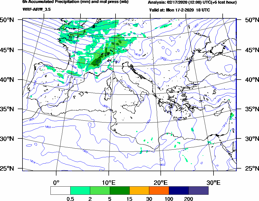 6h Accumulated Precipitation (mm) and msl press (mb) - 2020-02-17 12:00