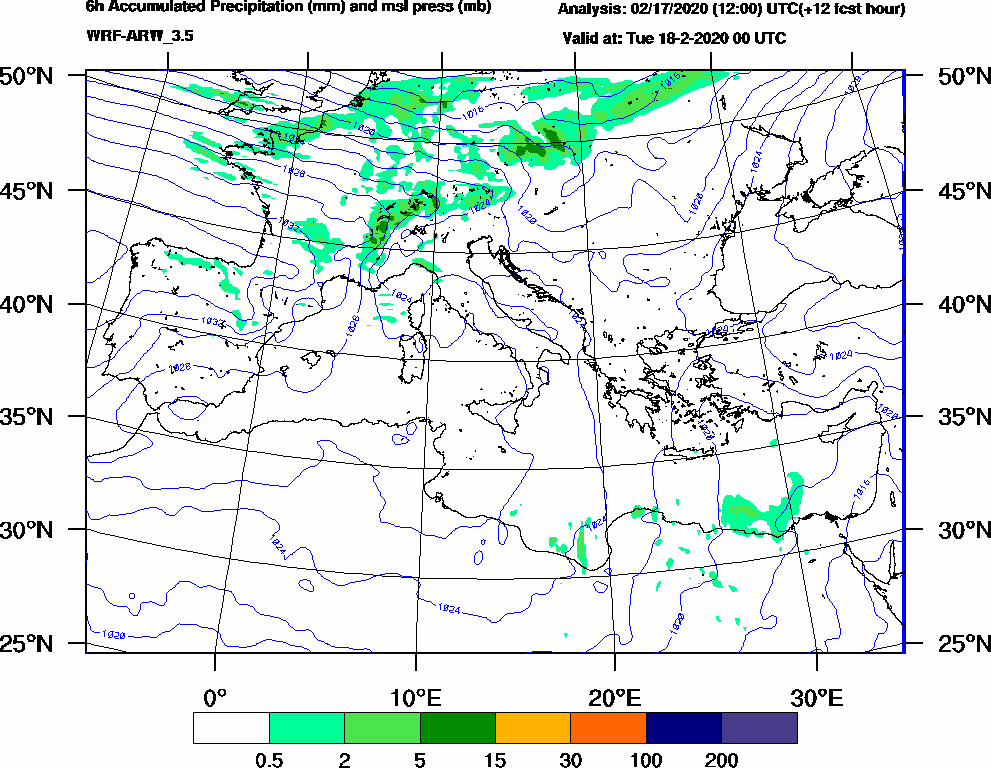 6h Accumulated Precipitation (mm) and msl press (mb) - 2020-02-17 18:00