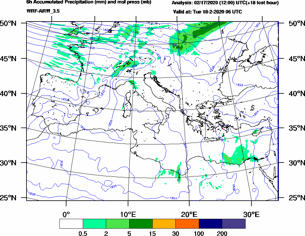 6h Accumulated Precipitation (mm) and msl press (mb) - 2020-02-18 00:00