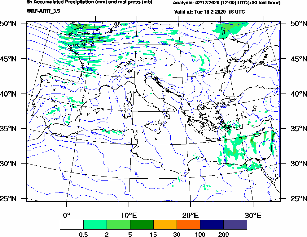 6h Accumulated Precipitation (mm) and msl press (mb) - 2020-02-18 12:00