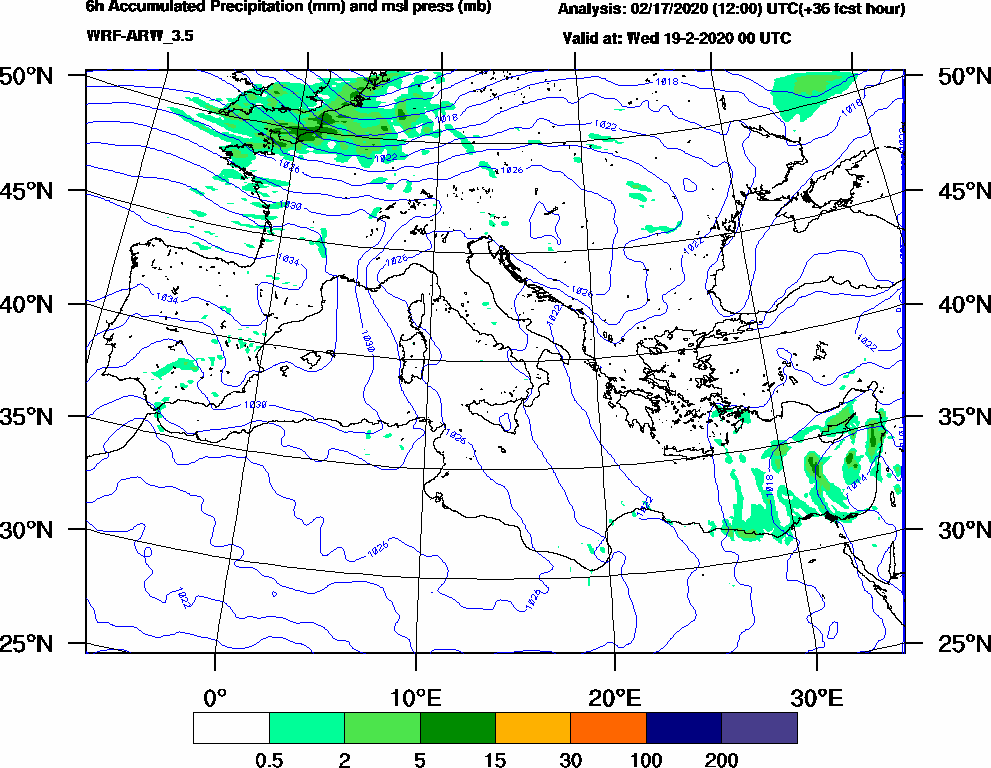 6h Accumulated Precipitation (mm) and msl press (mb) - 2020-02-18 18:00