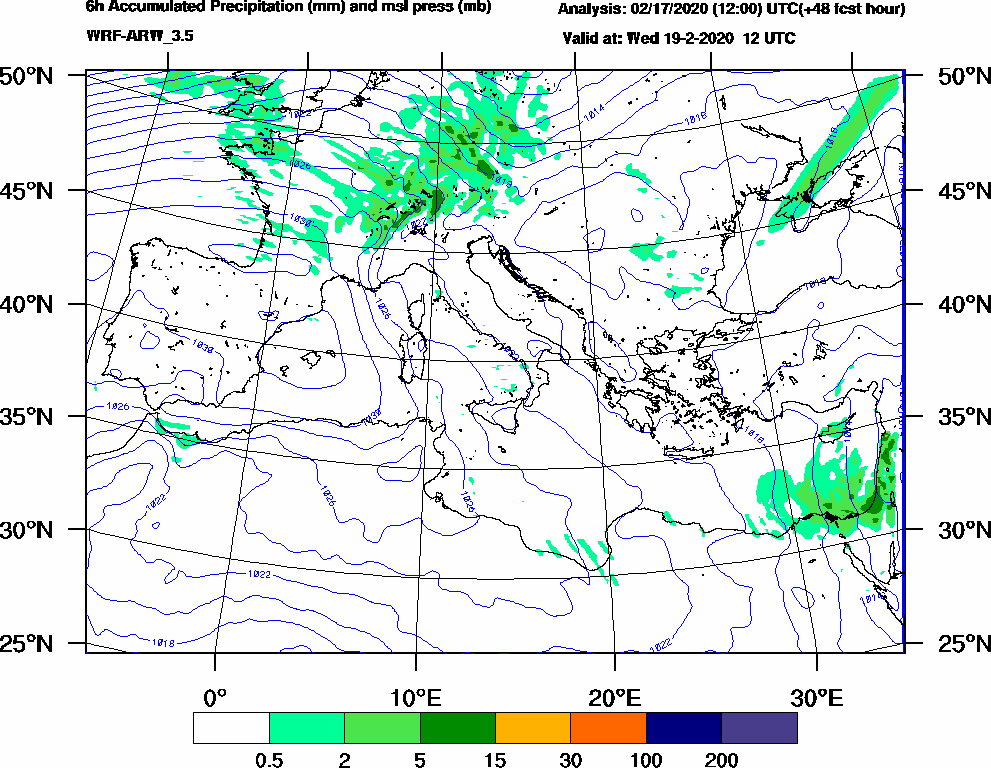 6h Accumulated Precipitation (mm) and msl press (mb) - 2020-02-19 06:00