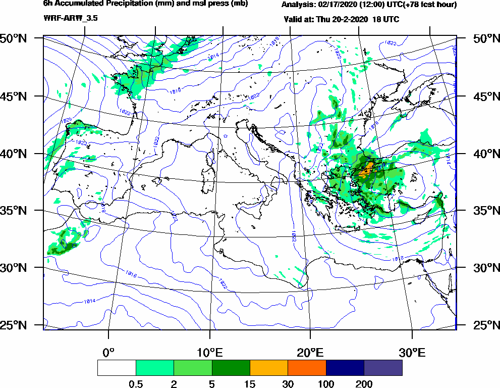 6h Accumulated Precipitation (mm) and msl press (mb) - 2020-02-20 12:00