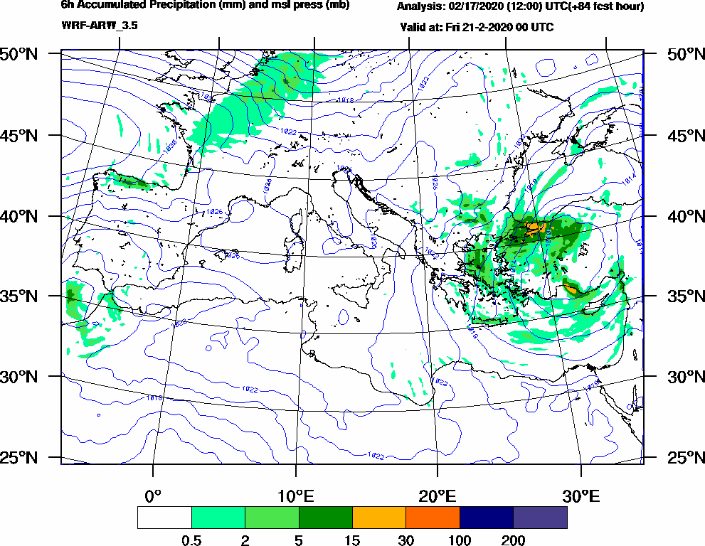 6h Accumulated Precipitation (mm) and msl press (mb) - 2020-02-20 18:00